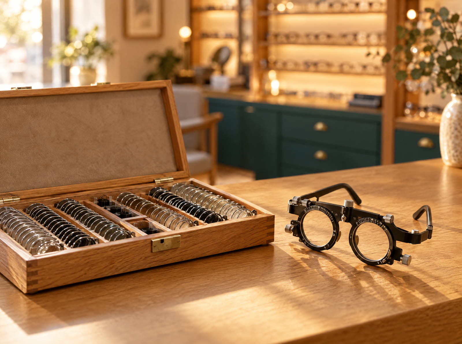 An optometrist's eye test equipment in a bright, calm room