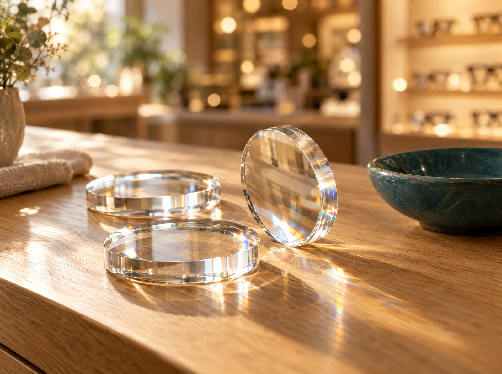 Clear optical lenses laid out on a warm wooden counter